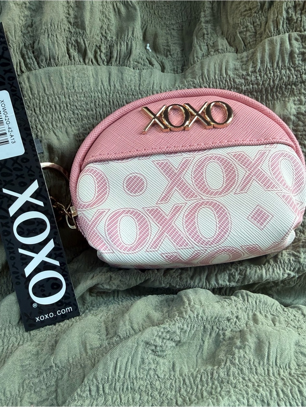 XOXO Pink and White Logo Makeup Coin Pouch with Gold Accent